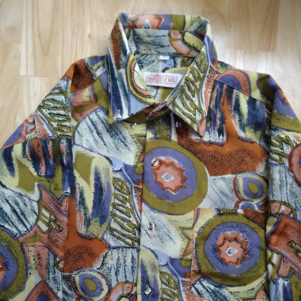 Vintage 70s Charles Le Golf Abstract Geometric Polyester Disco Shirt